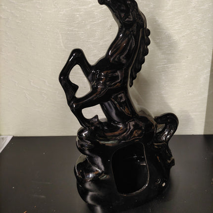 Vintage Black Ceramic Rearing Horse Figurine – Glossy Mid-Century Decor