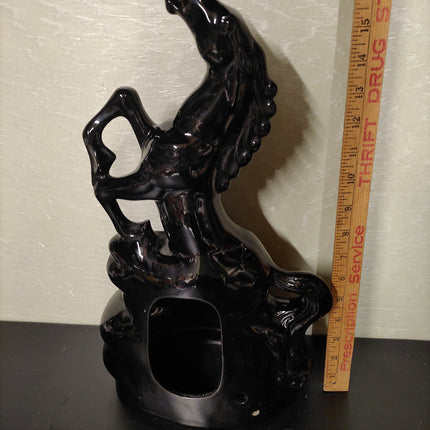 Vintage Black Ceramic Rearing Horse Figurine – Glossy Mid-Century Decor