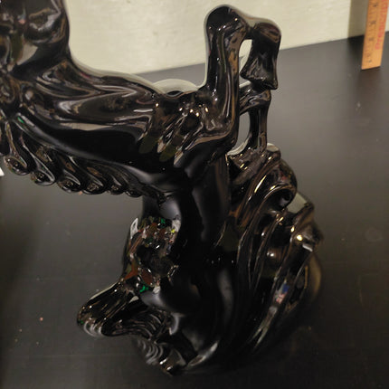 Vintage Black Ceramic Rearing Horse Figurine – Glossy Mid-Century Decor